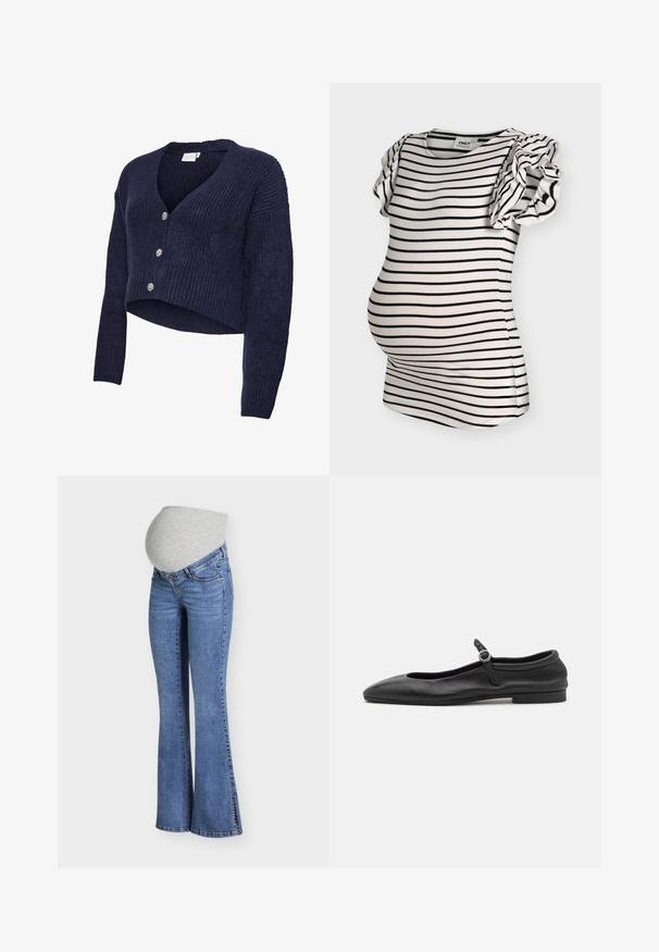 Marineblå strikket cardigan med cropped design, V-hals og lange ærmer. Fem glitrende knapper pryder forsiden, som har en ribstrikket tekstur.; Hvid graviditetstop med vandrette sorte striber og korte flæseærmer.; Blå slagte graviditetsjeans med en elastisk grå talje, designet til at rumme en gravid mave.; Sorte læder balletflade med en rund tå, smal vamp og en lille ankelrem med en cirkulær spænde. Lav, flad sål.