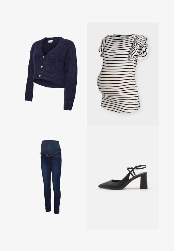 Cardigan en tricot bleu marine avec un design court, col en V et manches longues. Cinq boutons scintillants ornent le devant, mettant en valeur une texture côtelée.; Haut de maternité blanc avec des rayures noires horizontales et des manches courtes à volants.; Jean de maternité bleu foncé avec un panneau extensible à la taille, coupe slim et style classique à cinq poches avec des surpiqûres contrastantes.; Talons slingback noirs à bout pointu avec une finition en cuir lisse, un talon bloc et une sangle de cheville réglable avec des accessoires en métal doré.