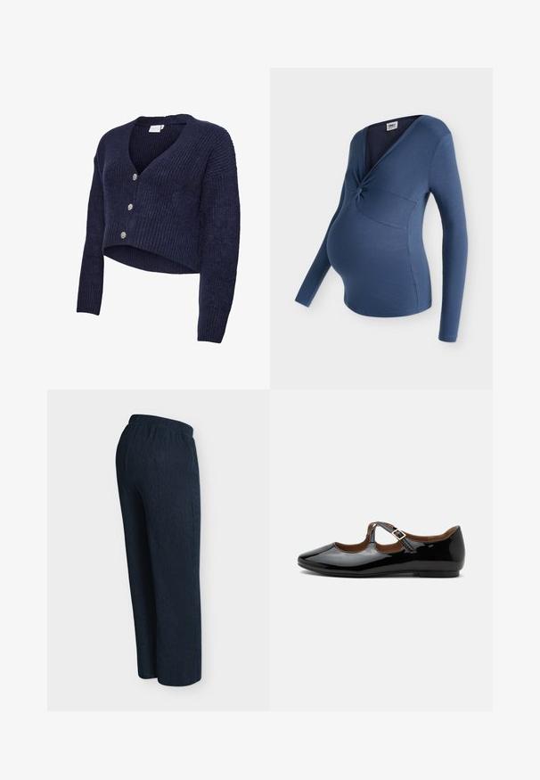 Marineblauw gebreid vest met een cropped ontwerp, V-hals en lange mouwen. Vijf glinsterende knopen sieren de voorkant, met een geribbelde textuur.; Blauw geribd zwangerschapstopje met lange mouwen, een gedraaide knoopdetail bij de borst en een wikkelstijl halslijn.; Donker marineblauwe gestructureerde rechte broek met elastische tailleband, getoond vanuit een zij-aanzicht achterzijde op een effen achtergrond.; Zwarte lakleren Mary Jane platte schoen met twee uitsparingen en een gouden gespbandje op een witte achtergrond.