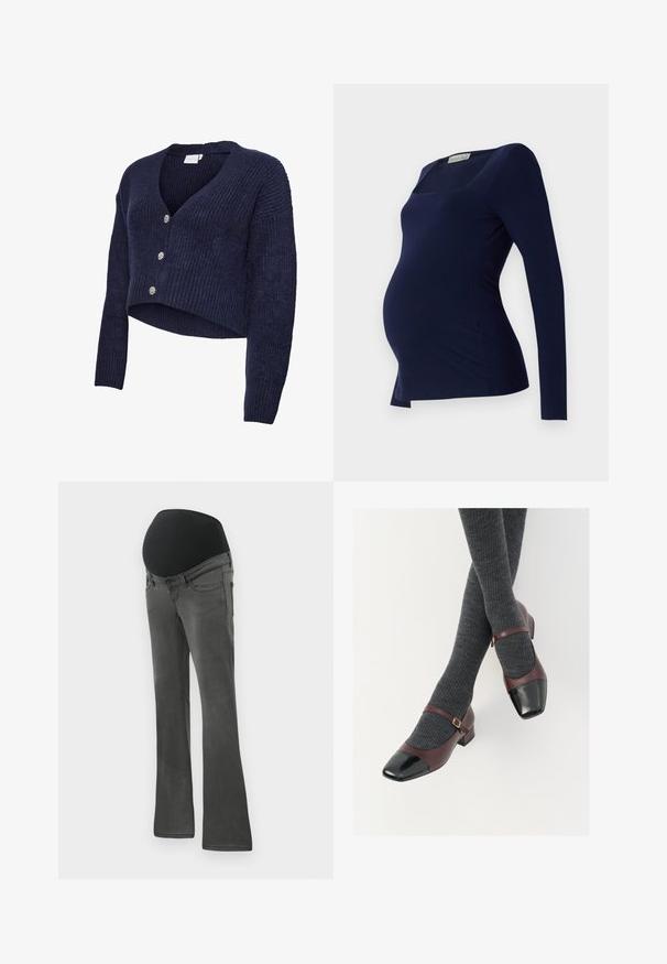 Marineblå strikket cardigan med cropped design, V-hals og lange ærmer. Fem glitrende knapper pryder forsiden, som har en ribstrikket tekstur.; Anna Field MAMA by Zalando Langærmet T-shirt - dark blue; Graviditetsbukser i mørkegrå denim med en bred elastisk sort talje, lige benform og subtle udblegning på stoffet.; Burgunderrøde læder Mary Jane-sko med en sort laktoej og tynd ankelrem; båret med mørkegrå ribbede strømper. Lav blokhæl.