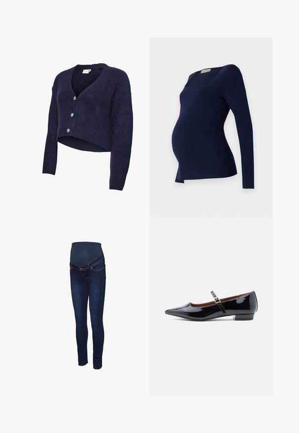 Marineblå strikket cardigan med cropped design, V-hals og lange ærmer. Fem glitrende knapper pryder forsiden, som har en ribstrikket tekstur.; Anna Field MAMA by Zalando Langærmet T-shirt - dark blue; Mørkeblå graviditetsjeans med et strækbart panel ved taljen, slank pasform og klassisk fem-lomme design med kontrastsyninger.; Sorte patenterede læder Mary Jane flade sko med spids tå og lille hæl, udstyret med en justerbar rem med guld spænde.