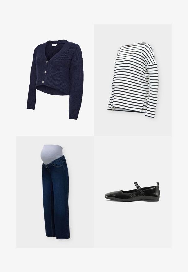 Cardigan en tricot bleu marine avec un design court, col en V et manches longues. Cinq boutons scintillants ornent le devant, mettant en valeur une texture côtelée.; Chemise blanche à manches longues avec des rayures noires horizontales et des fentes sur les côtés, présentée sur un fond gris clair.; Jeans de maternité bleu foncé avec un panneau ventral gris extensible, présenté en vue latérale sur un fond uni.; Chaussure plate en cuir verni noir avec un bout pointu, une sangle de cheville avec boucles, et une texture lisse et brillante. Talon bas pour le confort.