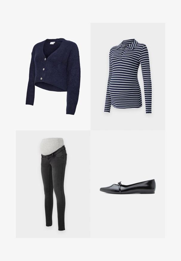Marineblå strikket cardigan med cropped design, V-hals og lange ærmer. Fem glitrende knapper pryder forsiden, som har en ribstrikket tekstur.; Langærmet graviditet polo shirt i mørkeblå og hvide striber, ribbet tekstur, med krave og V-hals, designet til en tætsiddende silhuet.; Mødrejeans i mørkegrå denim med en blød, grå elastisk livlinje for komfort. Slim fit design med standardlommer.; Sort laklæderballerina med spids tå, dekorativ rem og glat tekstur. Minimalistisk design uden synlige detaljer.
