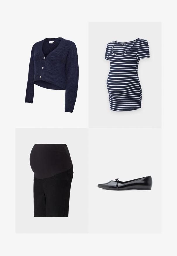 Marineblå strikket cardigan med cropped design, V-hals og lange ærmer. Fem glitrende knapper pryder forsiden, som har en ribstrikket tekstur.; Marineblå og hvid stribet graviditetstop, kortærmet, rund halsudskæring, ribbet tekstur, tætsiddende med ekstra plads til en voksende mave.; Sorte graviditetsshorts med en glat, elastisk talje, designet til komfort. Har en klassisk denimform og sidelommer.; Sort laklæderballerina med spids tå, dekorativ rem og glat tekstur. Minimalistisk design uden synlige detaljer.