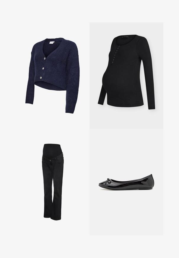 Merensininen neulecardigan, jossa on lyhyt malli, V-pääntie ja pitkät hihat. Edessä viisi kimaltavaa nappia ja ribbineulos.; Musta pitkähihainen ribbineulos äitiyspaita, jossa pyöreä pääntie ja etupuolella napillinen yksityiskohta, hieman kaartuva helma.; Mustat äitiysfarkut joustavalla korkealla vyötäröllä ja suoralla lahkeella, suunniteltu mukavuutta ja tukea varten raskauden aikana.; Musta kiiltävä nahkainen ballerina-mallinen kenkä, jossa on terävä kärki, koristeellinen nauha edessä ja teksturoitu kumipohja.