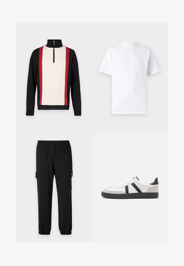 Trøje med halvlynlås i kraven, med en cremefarvet forside med mønster, sorte ærmer og røde striber i siderne. Tekstureret stof.; Hvid kortærmet t-shirt lavet af bomuld med rund hals, der har en glat tekstur og et simpelt design uden mønstre eller accenter.; Sorte sweatpants med elastisk talje, indsnævrede manchetter og sidelommer. Fremstillet af blødt materiale med en glat tekstur.; Hvide sneakers med sorte og grå detaljer, med en tekstureret grå tåhætte, sort gummisål og flade hvide snørebånd. Rent design, minimalistisk stil.