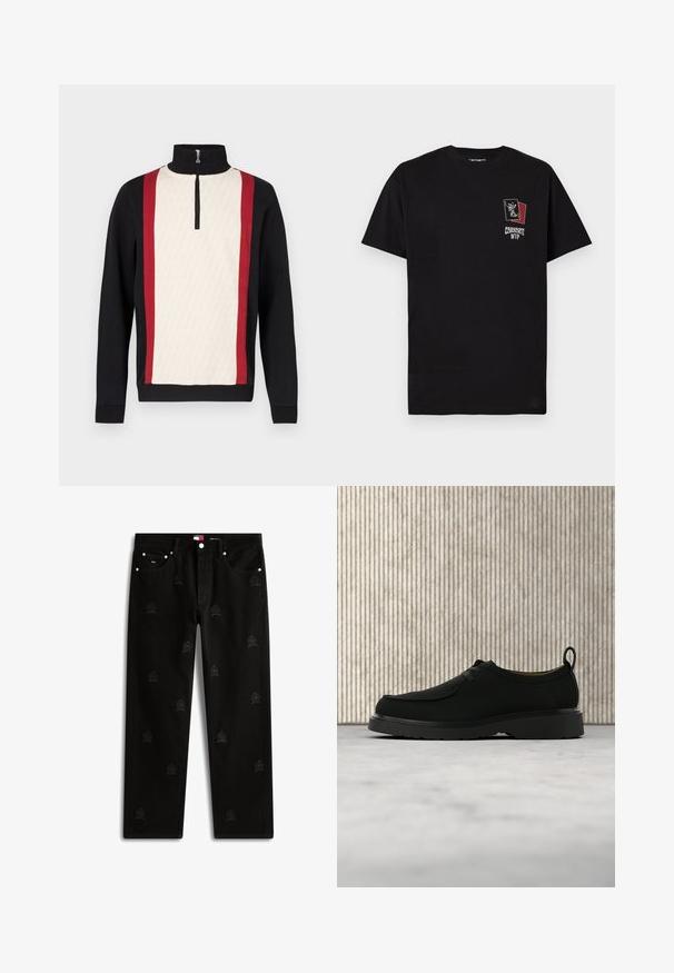 Trøje med halvlynlås i kraven, med en cremefarvet forside med mønster, sorte ærmer og røde striber i siderne. Tekstureret stof.; Sort t-shirt med korte ærmer fra Carhartt WIP med grafik af to overlappende spillekort og Carhartt WIP-tekst på venstre bryst.; Sorte denimjeans med en lige pasform, der har tonale broderede logoer og metallisk hardware-detaljer på linningen og lommerne.; Sort lædersko til fritid med snørebånd, tyk sål og træksnor, placeret i luften over beige tæppe med brunt rundt møbel i baggrunden.