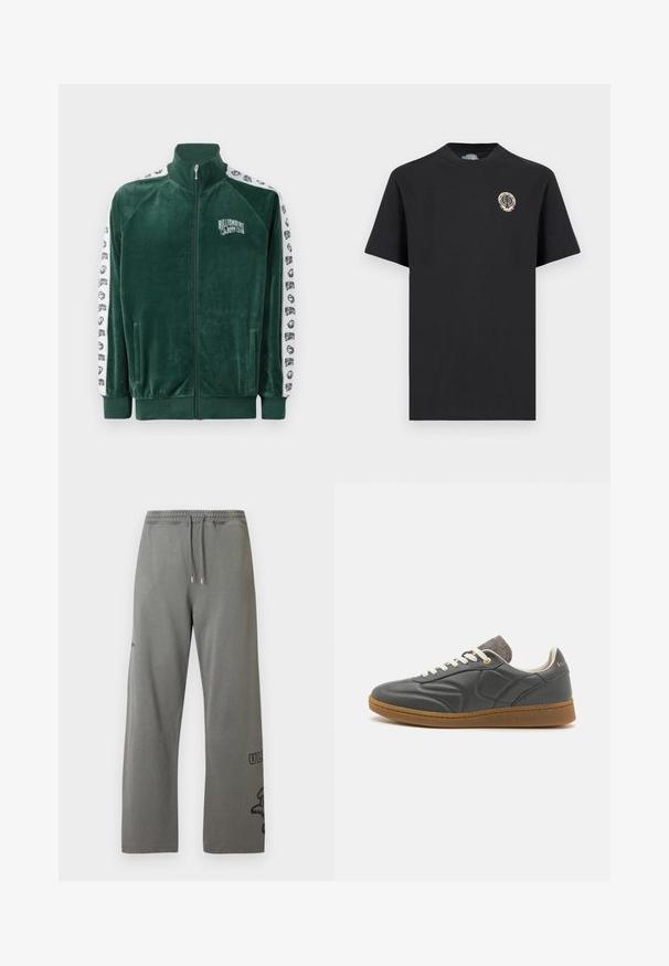 Grøn velour zip-up jakke med høj krave, sidelommer og hvide mønstrede ærmer med "Billionaire Boys Club" logo og detaljer.; Sort T-shirt med korte ærmer og rund halsudskæring, med et lille cirkulært beige logo med et blad- og kraniedesign på venstre bryst.; Grå joggingbukser med afslappet pasform, udstyret med elastisk talje, snøre og printdetaljer på underbenet. Blødt bomuldsmateriale.; Mørkegrå lædersneakers med rund tå, hvide snørebånd, lysbrun gummisål og diskrete grå tekstildetaljer ved kraven. Guld logo detajle.