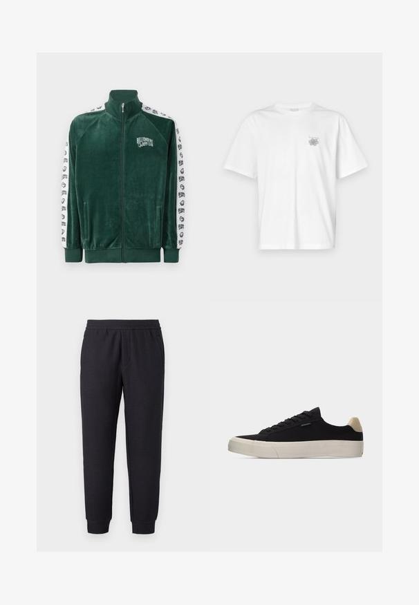 Groene velours zip-up jas met hoge kraag, zijzakken en witte gestreepte mouwen met het logo en accenten van "Billionaire Boys Club".; Witte t-shirt van katoen met korte mouwen, een ronde hals, en een klein grijs logo op de linker borstzijde. Soepele textuur.; Zwarte taps toelopende joggingbroek met elastische tailleband en boorden, voorzien van een subtiel textuurpatroon en zijzakken.; Zwarte lage sneaker met beige hielstuk, dikke witte rubberen zool, zwarte veters en een klein "PS Paul Smith" label aan de zijkant.