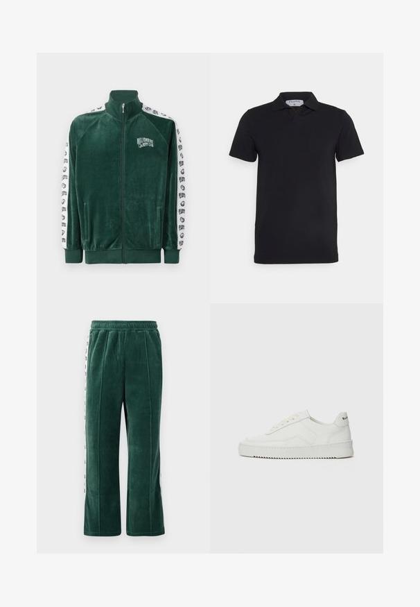 Groene velours zip-up jas met hoge kraag, zijzakken en witte gestreepte mouwen met het logo en accenten van "Billionaire Boys Club".; Zwart polosjaal met korte mouwen en een klassieke kraag, gemaakt van gladde stof. Heeft een label met de merknaam 'Filippa K' op de hals.; Donkergroene velours joggingbroek met elastische tailleband, featuring verticale naden en witte zijpanelen met zwarte tekst. Rechte snit.; Witte leren sneaker met een gladde afwerking, ronde neus, platte veters en een gestructureerde zool. Kenmerkt zich door een subtiel logo op de hiel.