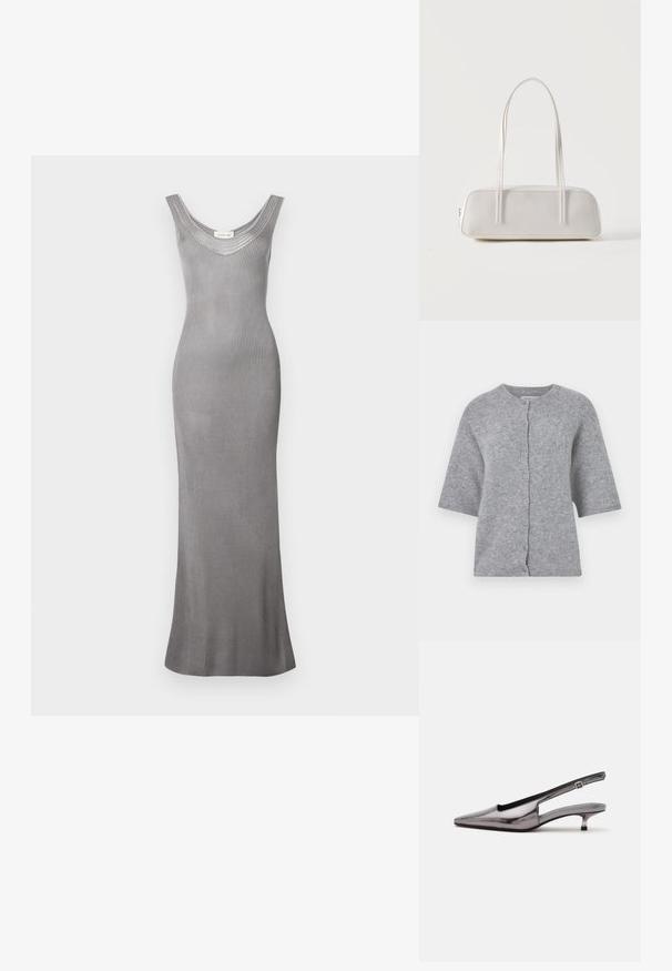 Cardigan gris tricoté à manches courtes, encolure ronde et fermeture à boutons. Présente un tissu texturé et une coupe décontractée.; Calvin Klein Jeans Robe longue - titanium; Chaussure slingback gris métallique à bout pointu, petit talon kitten et bride réglable sur fond blanc.; Sac d'épaule rectangulaire blanc avec des bretelles longues et fines, couture minimale, et fermeture éclair sur un fond uni.