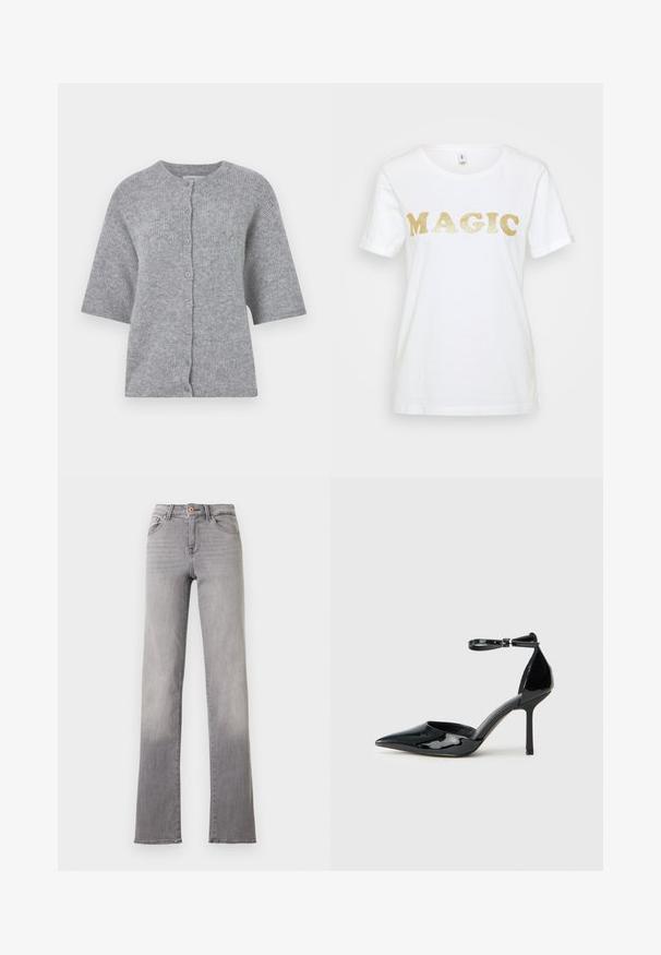 Grijze gebreide cardigan met korte mouwen, ronde hals en knopenfront. Heeft een gestructureerde stof en een ontspannen pasvorm.; Witte katoenen t-shirt met glinsterende gouden tekst "MAGIC" in een vet, rond lettertype. Korte mouwen en een klassieke ronde hals.; Lichtgrijze jeans met rechte pijpen, vijf zakken, knoopsluiting en zichtbare stiksels, weergegeven tegen een witte achtergrond.; Zwarte gepatineerde lederen hoge hak schoenen met een puntige neus, enkelbandje en slanke stiletto hak; gladde, glanzende textuur en minimalistisch ontwerp.