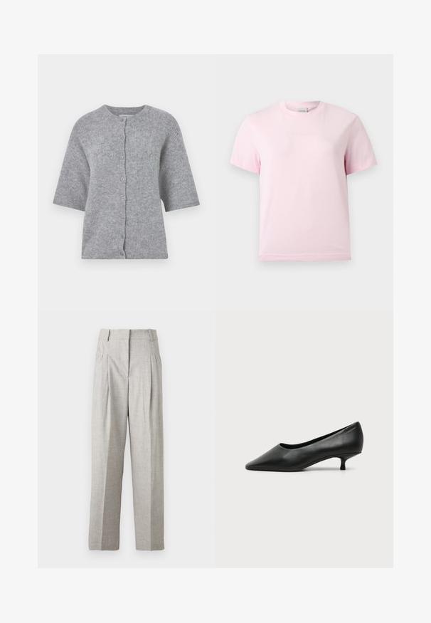 Cardigan gris tricoté à manches courtes, encolure ronde et fermeture à boutons. Présente un tissu texturé et une coupe décontractée.; T-shirt rose clair à manches courtes et col rond avec un logo "Calvin Klein" en relief subtil centré sur la poitrine.; Pantalon gris clair avec une finition texturée, présentant un design taille haute et deux plis à l'avant. Coupe droite sans poches visibles.; Escarpin femme en cuir noir à petit talon, bout pointu et petit talon kitten sur fond clair uni.