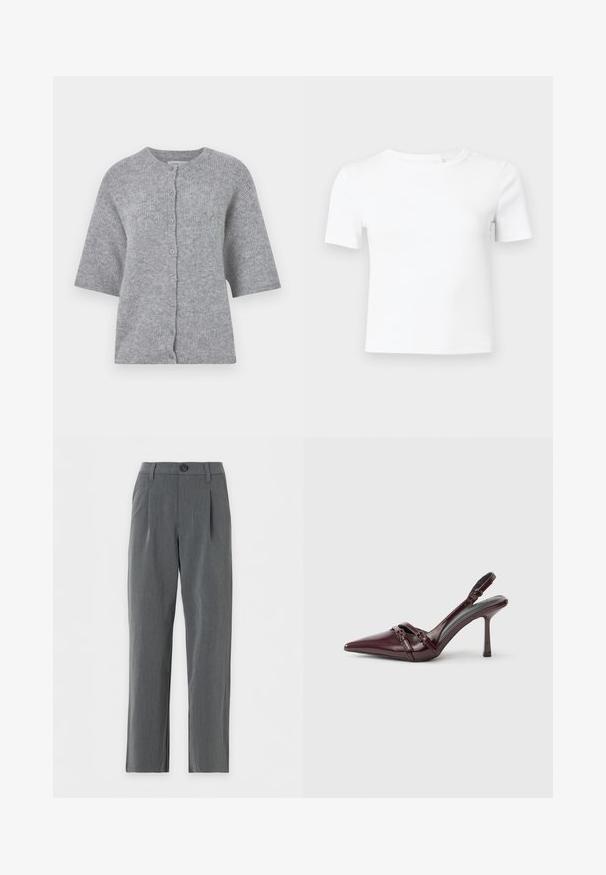 Cardigan gris tricoté à manches courtes, encolure ronde et fermeture à boutons. Présente un tissu texturé et une coupe décontractée.; T-shirt blanc à manches courtes en tissu côtelé, avec un col rond et une coupe ajustée, idéal pour superposer ou porter au quotidien.; Pantalon gris coupe droite avec passants de ceinture, fermeture à boutons sur le devant et plis près de la taille sur fond blanc.; Escarpin slingback en cuir verni bordeaux avec bout pointu, fine bride à la cheville et petit détail décoratif de boucle. Texture lisse et talon haut.