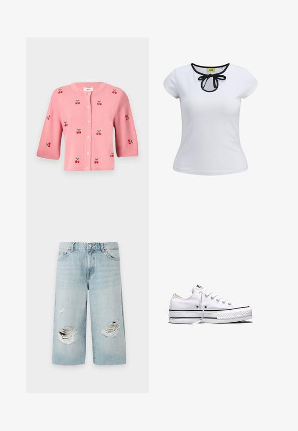 Object OBJTHESS - Gilet - rose elegance; T-shirt blanc à manches courtes avec un bord noir autour de l'encolure et un détail en nœud au centre. Fait en tissu de coton lisse.; Shorts en denim bleu clair à coupe ample, présentant deux grandes déchirures sur le devant. Cinq poches et fermoir en métal visible.; Baskets basses en toile blanche avec lacets blancs, bandes noires sur la semelle et embout en caoutchouc texturé, vue de côté sur fond blanc.