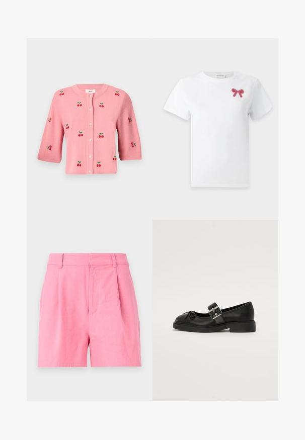 Object OBJTHESS - Kardigan - rose elegance; Valge lühikeste varrukatega T-särk, millel on ülas vasakul rinnal väike roosa helmestega kaunistatud lipsuke.; Roosa puuvillast lühikesed püksid, millel on sile tekstuur, pleidid, vöökoht ja küljetaskud lisafunktsionaalsuse jaoks.; Must have mustikad nahast Mary Jane kingad, millel on ümar varvas, pahkluu rihm ja hõbedane pandla detail. Omab lamedat, paksu talda ja paelakest.