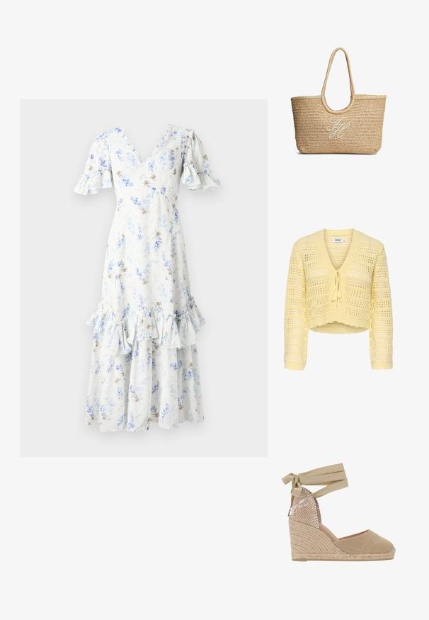 Cardigan court en maille ajourée jaune, manches longues, fermeture à nouer sur le devant, avec un bord festonné.; Robe midi fleurie en bleu clair et blanc avec des manches bouffantes, un col en V et un ourlet à volants, ornée de accents et motifs en marron foncé éparpillés.; Sandale compensée espadrille beige avec un dessus en tissu tissé texturé, des lacets à nouer autour de la cheville et une semelle plateforme en jute.; Sac cabas tissé en paille beige avec poignées arrondies et initiales brodées en cursive blanche au centre devant.