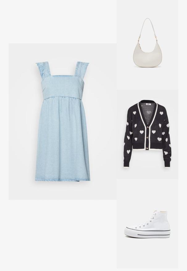 Heegeldatud kardigan, millel on tumesinine taust ja valged südame mustrid, V-kaelus ja kreemjas äär. Ees on kolm südamekujulist nööpi.; Pieces PCLIZZY DRESS - Teksakleit - light blue denim; Valged kõrged tossud, millel on tekstiilmaterjal, must kummist tallat ja kontrastne must riba keskosas. Ümar varbakiht ja nöörimise disain.; Kreemi nahast õlavarre kott, millel on poolkuu kuju, peen rihm ja diskreetne õmblusdetail. Minimalistlik disain kuldse tooni metallosadega.