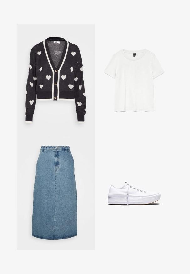 Gehaakte cardigan met een marineblauwe basis en witte hartpatronen, V-hals en crème afwerking. Drie hartvormige knopen aan de voorkant.; Witte t-shirt met korte mouwen en een ronde hals, gemaakt van lichte stof. Eenvoudig ontwerp, gladde textuur en rechte zoom.; Obey Clothing JUNIPER MIDI SKIRT - A-lijn rok - stonewash indigo; Witte lage canvas sneaker met dikke plateauzool, veters aan de voorkant en rubberen toeskap met structuur, zijaanzicht.