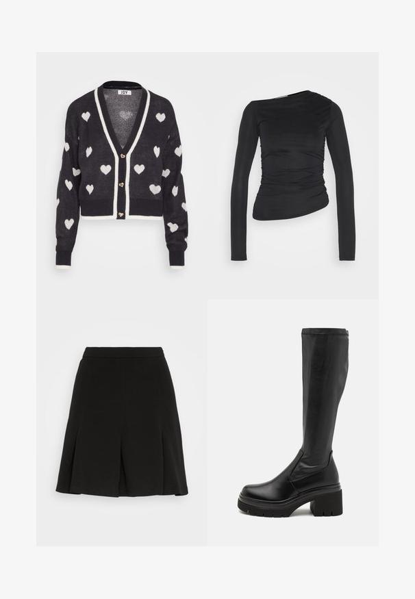 Hæklede cardigan med en navyblå base og hvide hjerte mønstre, v-hals og creme farvet kant. Tre hjerteformede knapper foran.; Sort langærmet bluse med et slankt, tætsiddende design. Har asymmetrisk udskæring og samlet tekstur på den ene side. Glat stofoverflade.; Even&Odd by Zalando Mini skirts - black; RAID RIMISHA - Plateaustøvler - black