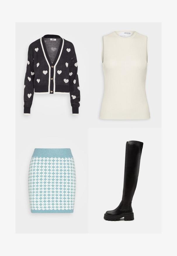 Heegeldatud kardigan, millel on tumesinine taust ja valged südame mustrid, V-kaelus ja kreemjas äär. Ees on kolm südamekujulist nööpi.; Selected Knitted Sleeveless - Topp - birch; VILA VICHEKINA SHORT SKIRT - Miniseelik - arctic/cloud dancer; ONLY SHOES ONLBANYU - Üle põlve saapad - black
