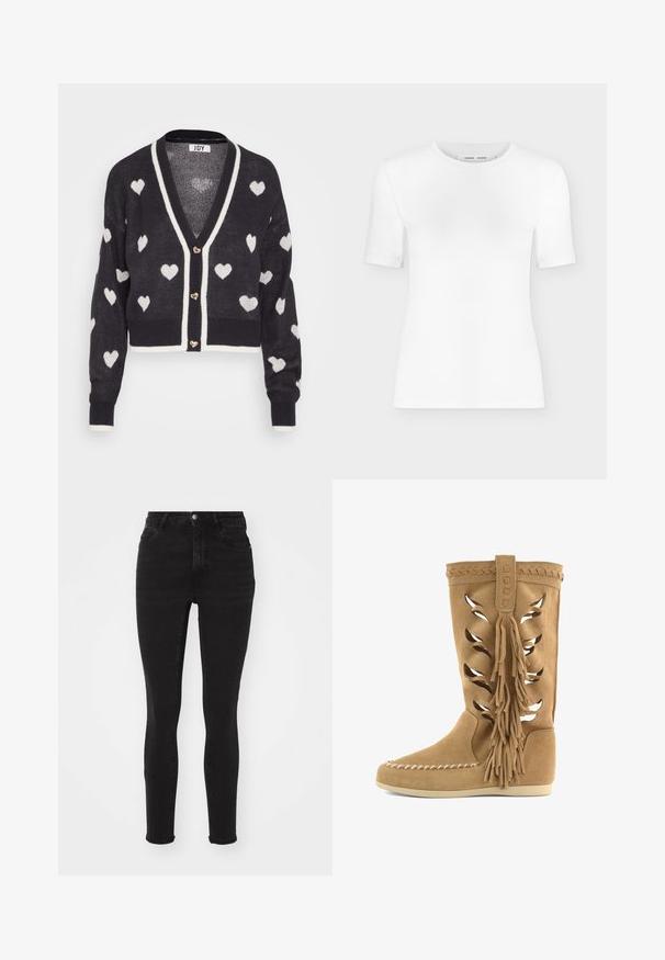 Hæklede cardigan med en navyblå base og hvide hjerte mønstre, v-hals og creme farvet kant. Tre hjerteformede knapper foran.; Hvid T-shirt med rund hals, korte ærmer, slank pasform og ribbet stofstruktur, vist på en ensfarvet lys grå baggrund.; Sorte denim skinny jeans med høj talje, der har fem lommer, en frontlynlås og en metalknap. Glat tekstur med let stræk.; Tanfarvede ruskindsstøvler til midten af læggen med laserudskårne bladmotiver, flettet kant, store sideskæg, mokkasinsøm på tåen og flad sål.
