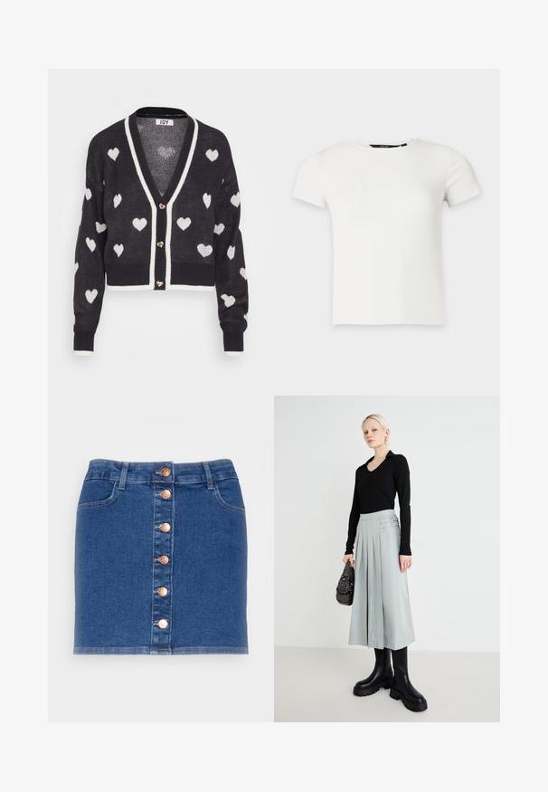Gehaakte cardigan met een marineblauwe basis en witte hartpatronen, V-hals en crème afwerking. Drie hartvormige knopen aan de voorkant.; Wit geribbeld gebreid T-shirt met korte mouwen en een ronde hals, weergegeven op een effen lichtgrijze achtergrond.; ONLY ONLDAISY MINI SKIRT PIMBOX - Kokerrok - medium blue denim; Zwarte lange mouw top, lichtgrijze plissérok met dubbele gespsdetails, en zwarte schoenen met een dikke zool; zilveren handtas met versieringen.