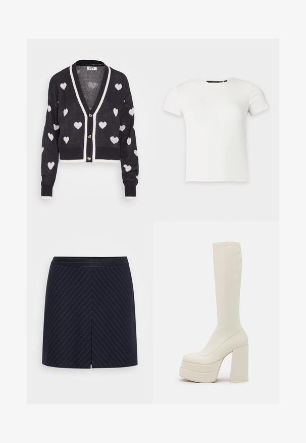 Hæklede cardigan med en navyblå base og hvide hjerte mønstre, v-hals og creme farvet kant. Tre hjerteformede knapper foran.; Hvid kortærmet ribstrikket t-shirt med rund halsudskæring, vist på en ensartet lys grå baggrund.; ONLY ONLSAVITA PINSTRIPE SHORT SKIRT - A-snit nederdel - night sky; Steve Madden CYPRESS - Plateaustøvler - off white