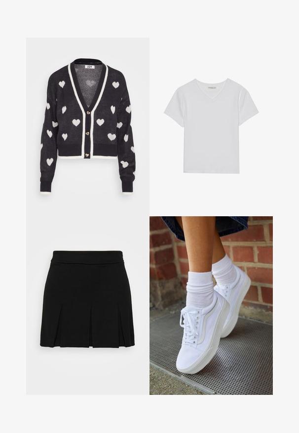 Hæklede cardigan med en navyblå base og hvide hjerte mønstre, v-hals og creme farvet kant. Tre hjerteformede knapper foran.; Hvid kortærmet V-hals t-shirt lavet af ribbet stof. Har et rent design med en lige kant og minimal detaljer.; Even&Odd by Zalando Mini skirts - black; Hvide lærreds sneakers med gummisåler, der har seks snørehuller, rund tå og let sømdetaljer, krydret med hvide ankelstrømper.