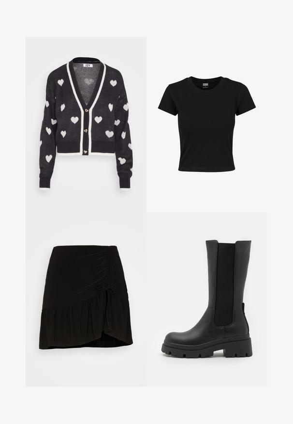 Hæklede cardigan med en navyblå base og hvide hjerte mønstre, v-hals og creme farvet kant. Tre hjerteformede knapper foran.; Sort kortærmet t-shirt lavet af glat bomuldsstof, med rund halsudskæring og en tætsiddende pasform. Ingen synlige mønstre eller accenter.; Even&Odd Mini skirts - black; ONLY SHOES ONLDOJA - Plateaustøvler - black