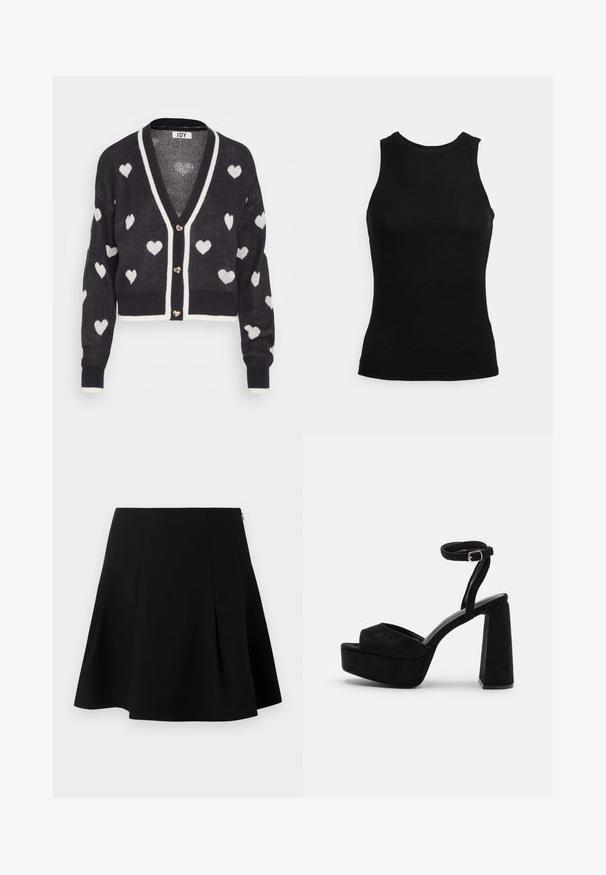 Hæklede cardigan med en navyblå base og hvide hjerte mønstre, v-hals og creme farvet kant. Tre hjerteformede knapper foran.; YAS YASRACCI - Top - black; Sort flared nederdel med folder foran, en glat tekstur og en skjult lynlås lukning bagpå.; Sorte platform sandaler med ruskindsstruktur, bred forstrap, ankelrem med spænde og kraftig blokhæl. Elegant og moderne design.