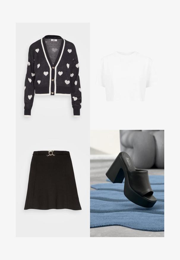 Hæklede cardigan med en navyblå base og hvide hjerte mønstre, v-hals og creme farvet kant. Tre hjerteformede knapper foran.; Hvid cropped t-shirt, korte ærmer, rund halsudskæring, lavet af blødt stof, uden synlige mønstre eller distinkt hardware.; Even&Odd by Zalando Mini skirts - black; Sort platform højhælet åben-tå mule sko, der hviler på et blåt tekstureret tæppe med sløret gråt møbel i baggrunden.