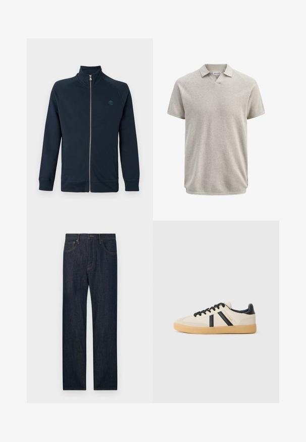 Veste zippée intégralement bleu marine avec col montant, manches longues, poches latérales et petit logo d'arbre brodé sur la poitrine gauche.; Polo beige texturé à manches courtes avec col et légère ouverture en V, portant l'étiquette Jack & Jones.; Jean en denim bleu foncé à jambes droites avec poches avant et arrière, un bouton et des passants pour ceinture.; Baskets décontractées en crème avec des rayures noires, présentant un dessus texturé et une semelle en caoutchouc. Les lacets sont noirs. Logo discret sur le côté.