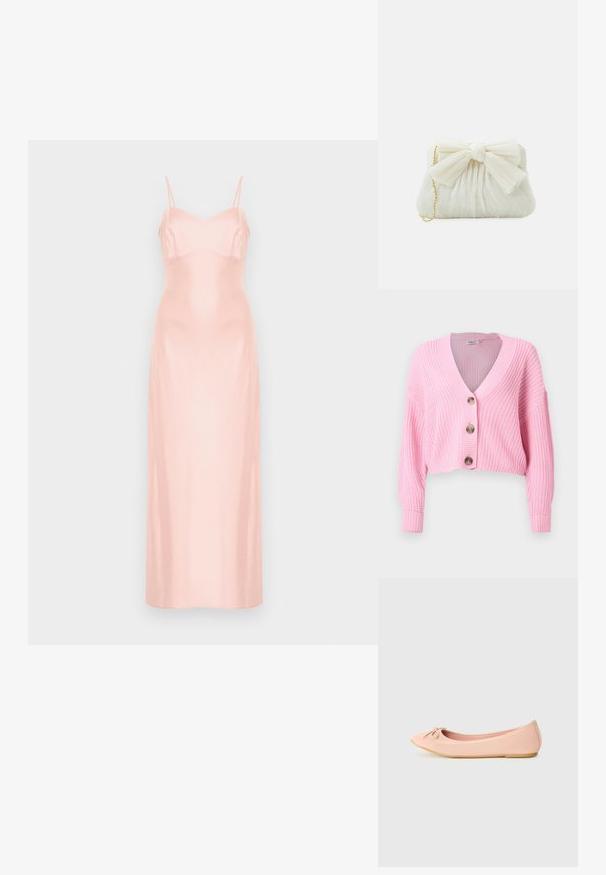 Cardigan court rose en maille épaisse avec manches longues, col en V, et trois grands boutons sur le devant.; Robe longue en satin rose pâle avec fines bretelles spaghetti et corsage ajusté, présentée sur un fond blanc uni.; Ballerine en matériau synthétique rose clair avec un bout arrondi, ornée d'un petit nœud et d'une semelle flexible.; Sac à main plissé blanc avec un nœud proéminent et une chaîne dorée. Texture douce avec un design froncé à l'avant.