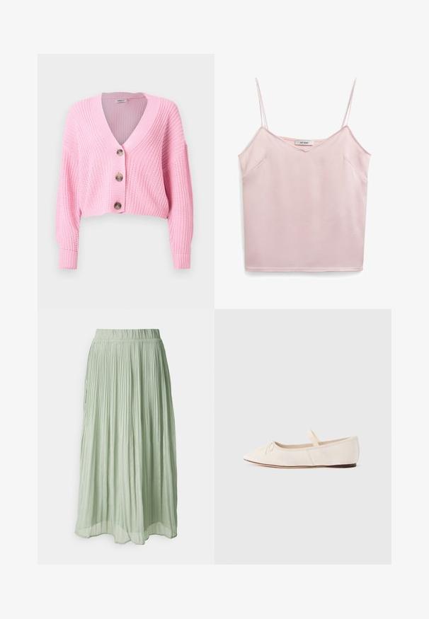 Cardigan court rose en maille épaisse avec manches longues, col en V, et trois grands boutons sur le devant.; Haut sans manches rose avec des bretelles fines, décolleté en V, texture douce et deux poches latérales. L'étiquette indique "IVY OAK". Design simple et épuré.; Jupe midi plissée en tissu vert clair avec une texture douce. Taille élastique, design fluide et léger éclat partout.; Ballerines en daim beige clair, bout pointu et fine bride élastique sur le dessus. Semelle plate avec un léger accent en caoutchouc.