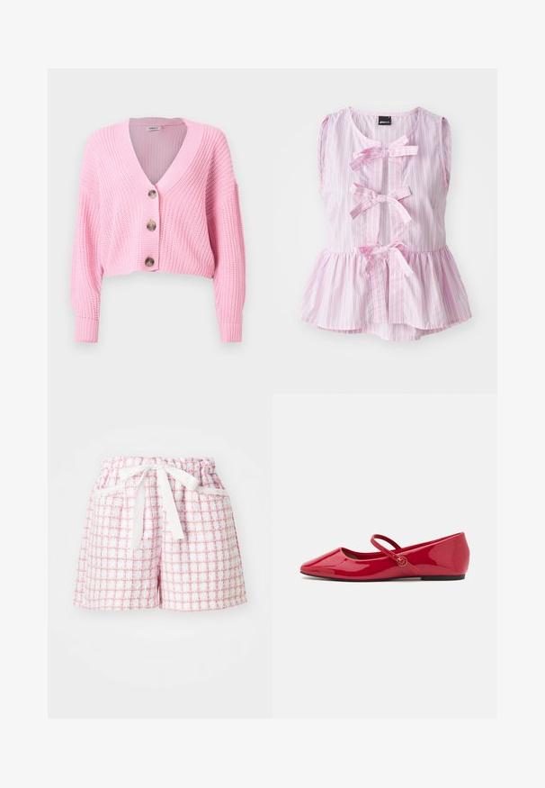 Cardigan court rose en maille épaisse avec manches longues, col en V, et trois grands boutons sur le devant.; Haut sans manches à rayures roses et blanches avec un ourlet en peplum, présentant trois nœuds sur le devant et un col rond. Tissu léger.; Shorts à carreaux blancs et roses avec un tissu texturé, dotés d'une taille élastique et d'un nœud attaché à l'avant. Deux poches latérales.; Ballerines en cuir verni rouge avec un bout pointu, une bride à la cheville et un petit accent rond sur la bride. Semelle plate et texture lisse.