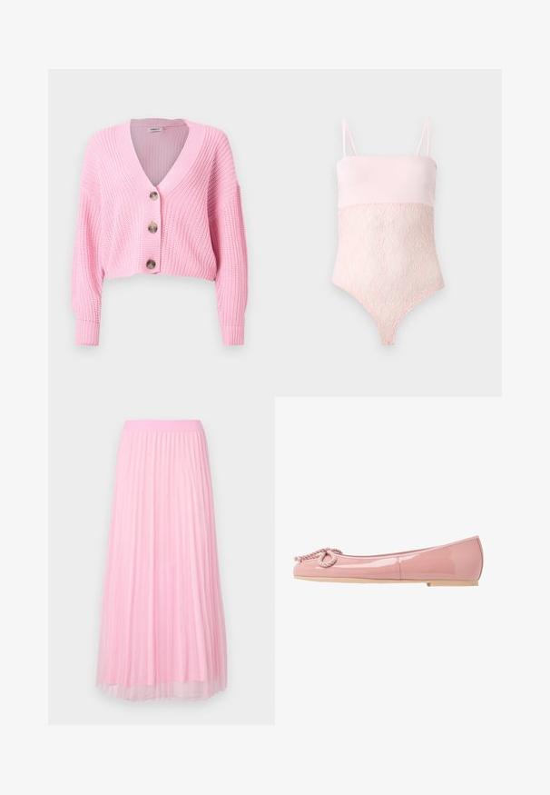 Cardigan court rose en maille épaisse avec manches longues, col en V, et trois grands boutons sur le devant.; Body en dentelle rose clair avec bretelles spaghetti et une partie supérieure lase sur un fond clair uni.; Jupe plissée rose avec une texture douce et légère, dotée d'une ceinture élastique, ornée de petits accents métalliques dispersés.; Ballerines en cuir verni rose avec un bout arrondi, détail en corde à l'avant et semelle en caoutchouc beige. Fini lisse et brillant sur l'ensemble.