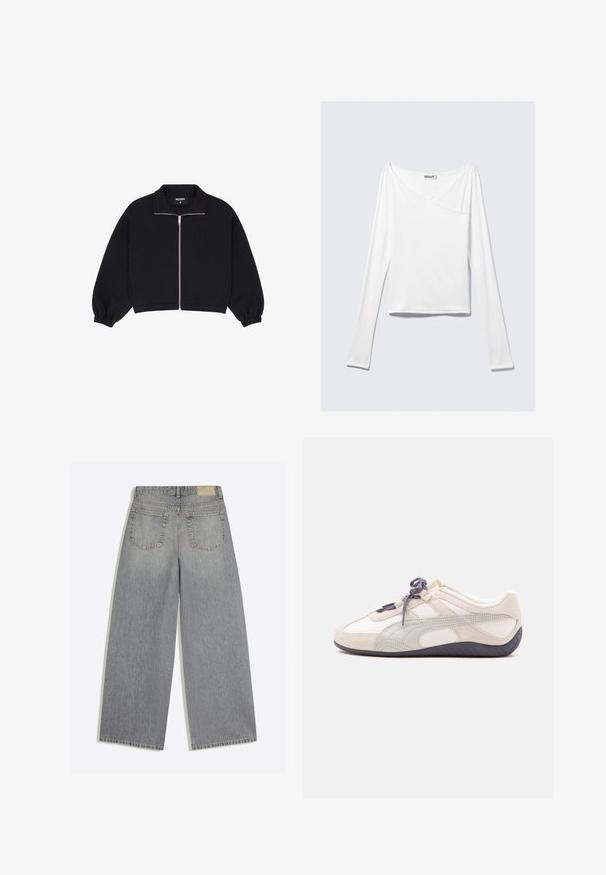 Veste noire à fermeture éclair avec manches longues, poignets élastiques, col et un logo "WB" discret sur la poitrine gauche.; Haut blanc à manches longues avec un design croisé et une poche. Fabriqué dans un tissu lisse et extensible. Coupé dans une coupe décontractée et ample.; Jean en denim gris à jambes larges montrant l'arrière avec deux poches et des passants de ceinture, posé à plat sur fond blanc.; Baskets basses blanches et beiges avec lacets et semelle gris foncé, détails en daim, et un design lisse et courbé sur fond uni.