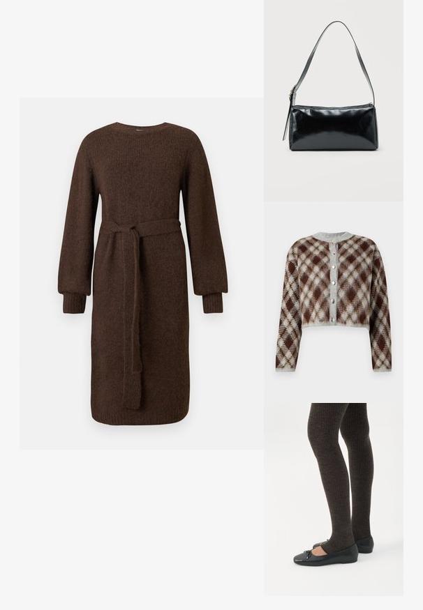 Forkortet cardigan i et brunt, gråt og beige diamantmønster. Har en rund halsudskæring og fem sølvfarvede knapper foran.; Langærmet brun strikkjole med ribbede manchetter og aftageligt livbånd, knælang, enkel rund halsudskæring.; Ben iført mørke ribbede leggings kombineret med sorte balletsko med små sløjfedetaljer på hvid baggrund.; Sort rektangulær skuldertaske med en enkelt justerbar rem og lynlås i toppen på en ensfarvet baggrund.