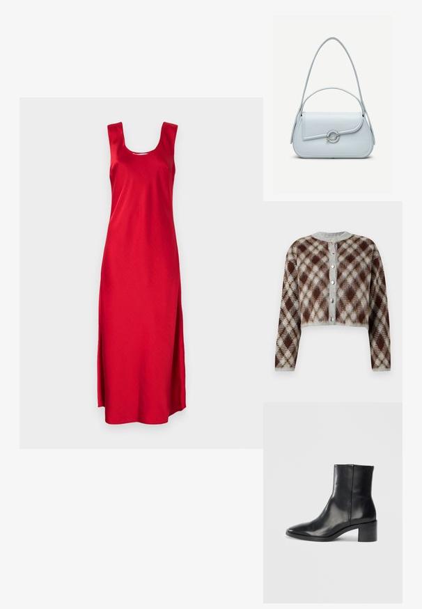 Kurzes Cardigan in einem braun-grauen-beigen Rautenmuster. Mit einem Rundhalsausschnitt und fünf silberfarbenen Knöpfen auf der Vorderseite.; Rotes, ärmelloses Maxikleid mit quadratischem Ausschnitt und Seitenschlitzen. Aus glattem Stoff gefertigt, zeigt es ein einfaches, schnörkelloses Design.; Schwarze Leder-Ankle-Boots mit spitzer Zehe, niedrigem Blockabsatz und dezentem, geprägtem Logo. Glatte Oberfläche mit einem eleganten Design und minimalen Nähten.; Hellblaue Lederhandtasche mit abgerundetem Überschlag, silbernem, rundem Verschluss und zwei Schulterriemen vor einfarbigem Hintergrund.
