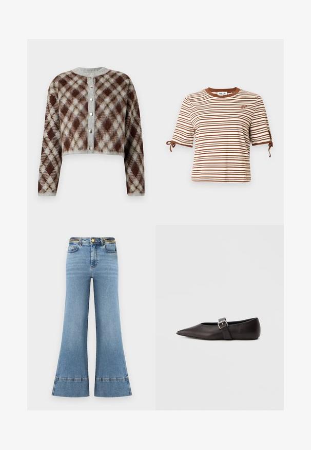 Kurzes Cardigan in einem braun-grauen-beigen Rautenmuster. Mit einem Rundhalsausschnitt und fünf silberfarbenen Knöpfen auf der Vorderseite.; Kurzärmeliges Shirt mit braun-weißen horizontalen Streifen, gebundenen Ärmelenden und braunem Kragen, mit kleinem, gesticktem Logo auf der Brust.; Hellblaue, ausgestellte Jeans aus Denim mit hoher Taille, versehen mit einem goldenen Kettenakzent am Bund und kontrastierenden Nähten am Saum.; Schwarzer flacher Lederschuh mit spitz zulaufender Spitze, schmalem Riemen und einer metallischen Schnalle an der Seite. Glatte Textur mit minimalistischem Design.