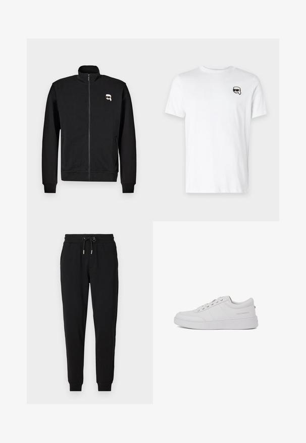 Schwarze Zip-up-Sweatjacke aus Baumwollmischung mit Stehkragen und gerippten Bündchen, mit einem kleinen Cartoon-Gesicht-Logo auf der linken Brust.; Weiße Baumwoll-T-Shirt mit einem kleinen schwarz-weißen Grafikdesign auf der linken Brustseite. Klassischer Rundhalsausschnitt und kurze Ärmel.; Schwarze Sweatpants mit elastischem Bund, verstellbarem Kordelzug, Seitentaschen und schmal zulaufenden Beinen. Hergestellt aus weichem, dehnbarem Stoff.; Weiße Leder-Sneaker mit klassischem Low-Top-Design, flacher Sohle und dezentem Markenlogo an der Ferse. Verfügt über fünf Metallösen für die Schnürsenkel.