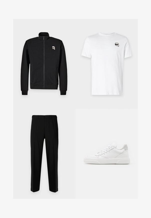 Schwarze Zip-up-Sweatjacke aus Baumwollmischung mit Stehkragen und gerippten Bündchen, mit einem kleinen Cartoon-Gesicht-Logo auf der linken Brust.; Weiße Baumwoll-T-Shirt mit einem kleinen schwarz-weißen Grafikdesign auf der linken Brustseite. Klassischer Rundhalsausschnitt und kurze Ärmel.; Schwarze Hosen aus glattem Stoff, mit geradem Schnitt, zwei vorderen Taschen und einem Reißverschluss mit Knopfverschluss.; Weiße Leder-Sneaker mit glatter Oberfläche, rundem Zehenbereich, flachen Schnürsenkeln und strukturiertem Schuhsohlen. Graues Wildleder-Detail an der Ferse.