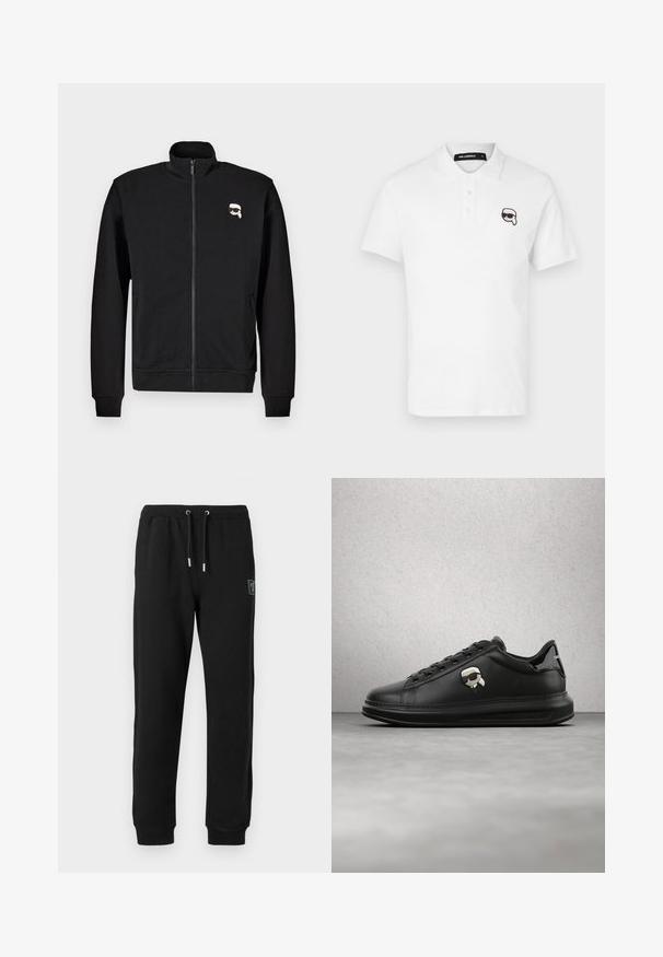 Sort zip-up sweatshirt lavet af en bomuldsblanding, med en stående krave og ribbede manchetter, samt et lille tegneserieansigt logo på venstre bryst.; Hvid polo skjorte med korte ærmer, tre knap lukning, og et sort broderet tegneserie logo på venstre bryst.; Sorte sweatpants lavet af blødt stof, der har en elastisk talje med snor, sidelommer og tapered manchetter ved anklerne.; Person iført sorte læderbukser og sorte sneakers med et lille tegneseriefigur-tilbehør på siden, stående på et trægulv.