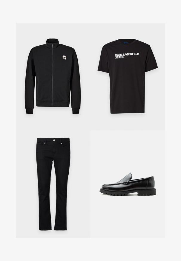 Schwarze Zip-up-Sweatjacke aus Baumwollmischung mit Stehkragen und gerippten Bündchen, mit einem kleinen Cartoon-Gesicht-Logo auf der linken Brust.; Schwarzes Baumwoll-T-Shirt mit kurzen Ärmeln und rundem Halsausschnitt, mit weißem Text "KARL LAGERFELD JEANS" diagonal über die Vorderseite.; Schwarze Denim-Jeans im slim fit Schnitt, mit geradem Bein, im Fünf-Taschen-Stil und Metallknopfverschluss, mit minimalen Steppdetails.; Schwarzer Lederloafer mit grober Gummisohle, genähter Oberseite und geprägtem Markennamen an der Ferse, seitlich auf weißem Hintergrund gezeigt.