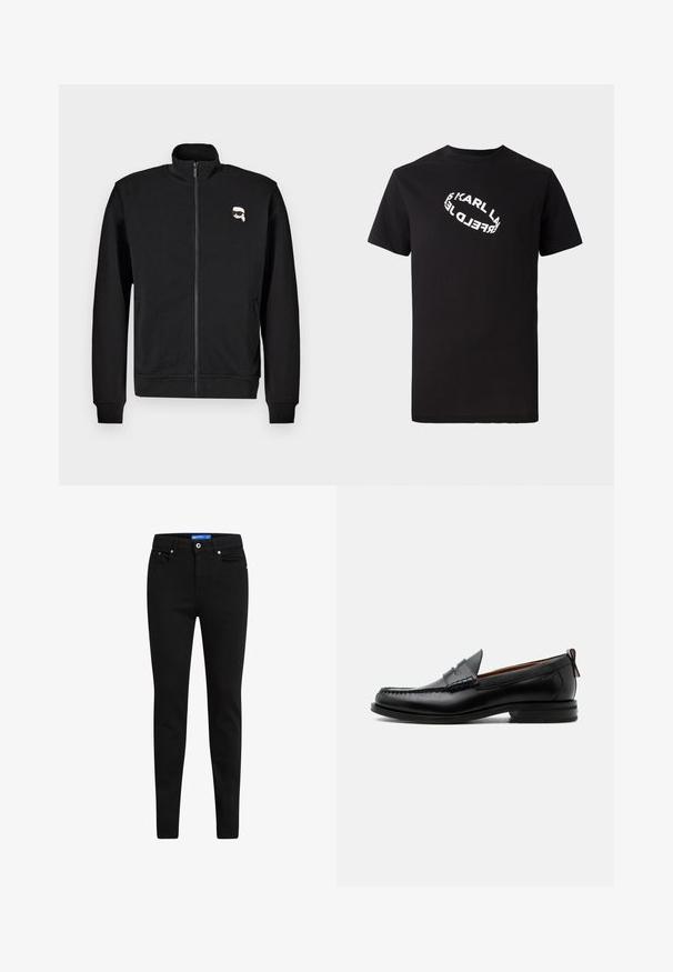 Sweat-shirt zippé noir en mélange de coton, avec un col montant et des poignets côtelés, portant un petit logo de visage de dessin animé sur la poitrine gauche.; T-shirt en coton noir à manches courtes et col rond. Présente un texte de logo blanc distordu imprimé sur le devant.; Jean skinny noir en denim, doté d'un design à cinq poches, fermeture à bouton et étiquette bleue contrastante sur la taille.; Mocassin homme en cuir noir avec couture moc toe, bride penny, col texturé et petit talon empilé sur fond blanc.