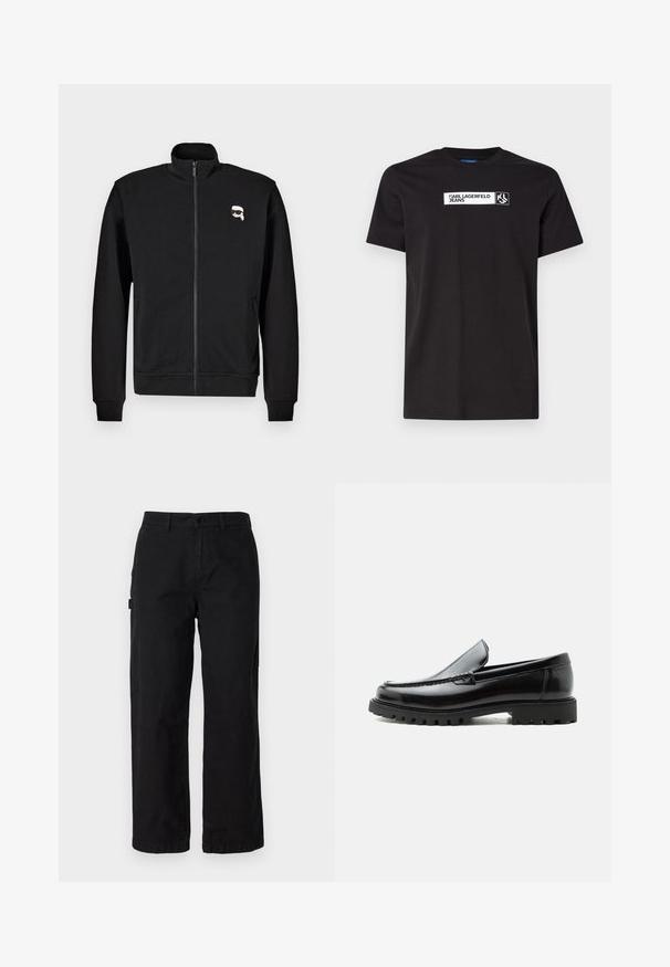 Schwarze Zip-up-Sweatjacke aus Baumwollmischung mit Stehkragen und gerippten Bündchen, mit einem kleinen Cartoon-Gesicht-Logo auf der linken Brust.; Schwarzes Baumwoll-T-Shirt mit kurzen Ärmeln, das ein weißes Textgrafik-Label mit der Aufschrift "KARL LAGERFELD JEANS" und ein Logo aufweist, Rundhalsausschnitt.; Schwarze Baumwoll-Cargohosen mit geradem Bein, ausgestattet mit Seitentaschen und einem vorderen Knopfverschluss. Langlebiger Stoff mit einer glatten Textur.; Schwarzer Lederloafer mit grober Gummisohle, genähter Oberseite und geprägtem Markennamen an der Ferse, seitlich auf weißem Hintergrund gezeigt.