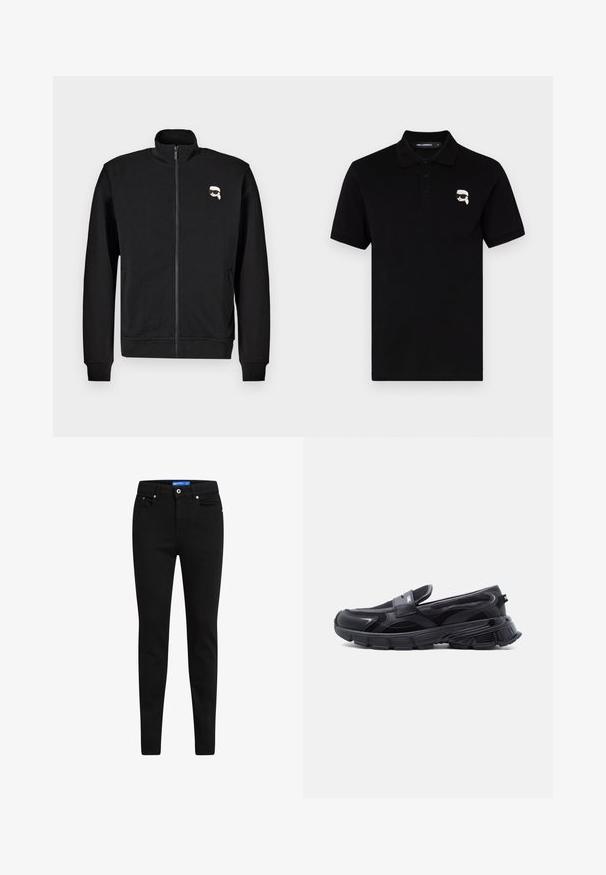 Schwarze Zip-up-Sweatjacke aus Baumwollmischung mit Stehkragen und gerippten Bündchen, mit einem kleinen Cartoon-Gesicht-Logo auf der linken Brust.; Schwarzes Polohemd aus Baumwolle mit einem Kragen, drei Knöpfen und einem kleinen weißen Logo auf der linken Brust. Kurze Ärmel und gerader Schnitt.; Schwarze Slim-Fit-Jeans aus Denim, mit einem Fünf-Taschen-Design, Knopfverschluss und kontrastierendem blauen Etikett am Bündchen.; Schwarzer Slip-On-Sneaker mit dicker, strukturierter Sohle und Mesh-Einsätzen, entworfen für Freizeit- und Sportkleidung.