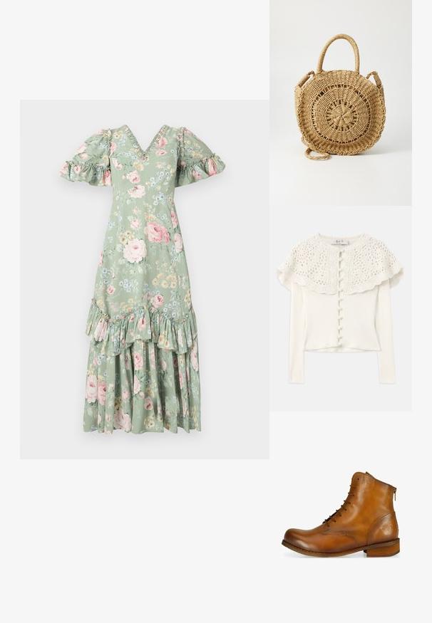 Hvid langærmet cardigan med en hæklede blonde yoke, der har dekorative knapper foran og en struktureret ribbet krop.; Blomstret maxi-kjole i blød grøn med V-hals, puf ærmer, flæsedetaljer og et tieret kant. Har pink roser og små blå blomster.; Brun læder ankelstøvle med rund tå, snørebånd foran, lynlås i siden og en lav træhælt. Har et diskret præget logo på hælen.; ONLY ONLPENELOPE BEACH ROUND CROSSOBODY - Skuldertasker - toasted coconut