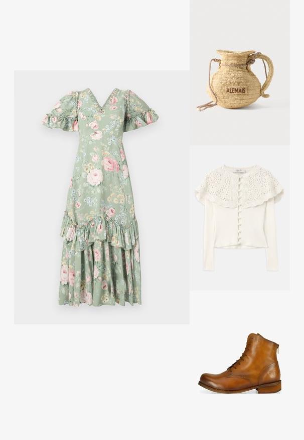 Hvid langærmet cardigan med en hæklede blonde yoke, der har dekorative knapper foran og en struktureret ribbet krop.; Blomstret maxi-kjole i blød grøn med V-hals, puf ærmer, flæsedetaljer og et tieret kant. Har pink roser og små blå blomster.; Brun læder ankelstøvle med rund tå, snørebånd foran, lynlås i siden og en lav træhælt. Har et diskret præget logo på hælen.; Rund flettet stråtaske med håndtag af reb og "ALEMAIS" broderet på siden med brunt garn.